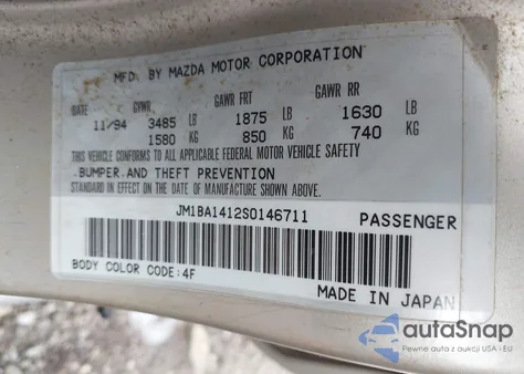 1995 Mazda Protege Dx/Lx z USA, uszkodzony, nr VIN JM1BA1412S0146711